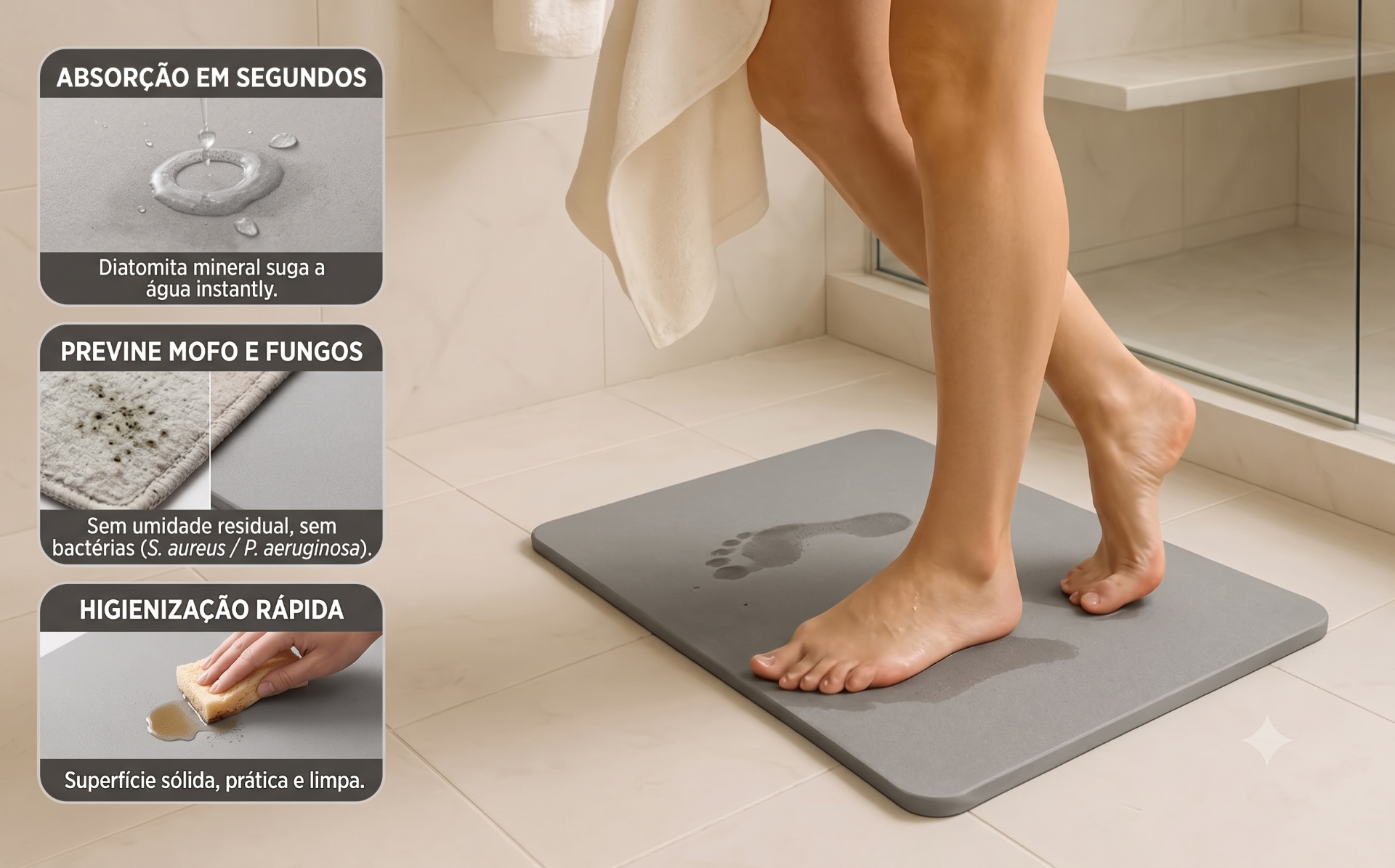 Benefícios do tapete de diatomita: absorção em segundos, previne mofo e fungos, higienização rápida